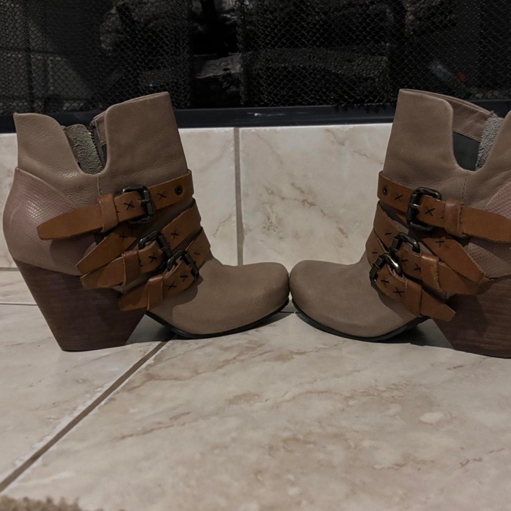 OTBT Taupe Leather Multi Strap Buckle Ankle Boots